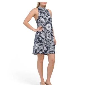 EUC TRINA TURK NAVY/WHITE Hanahou Daisy Printed Halter Mini Dress size XL